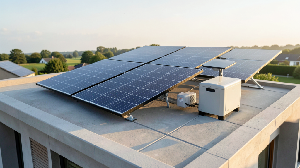 panneau solaire onduleur batterie installés sur un toit de maison moderne