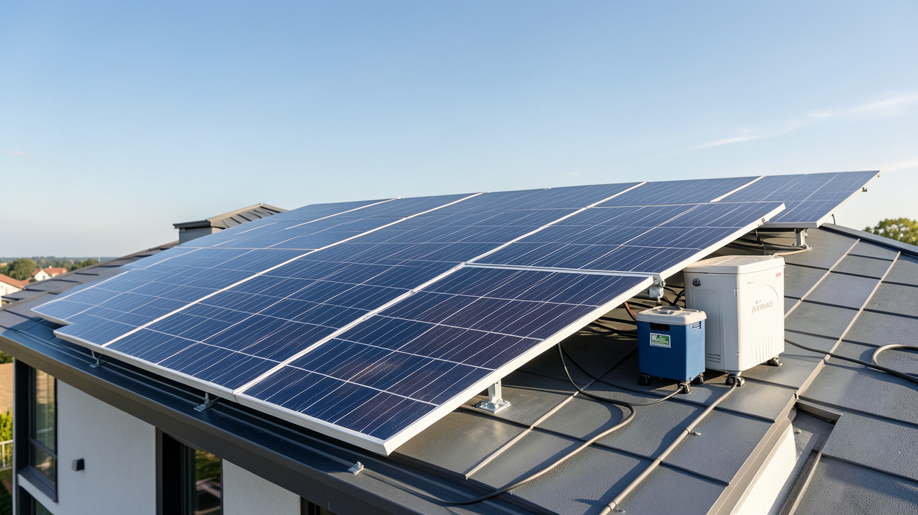panneau solaire onduleur batterie faisant partie d'un kit solaire complet installé sur un toit de maison moderne