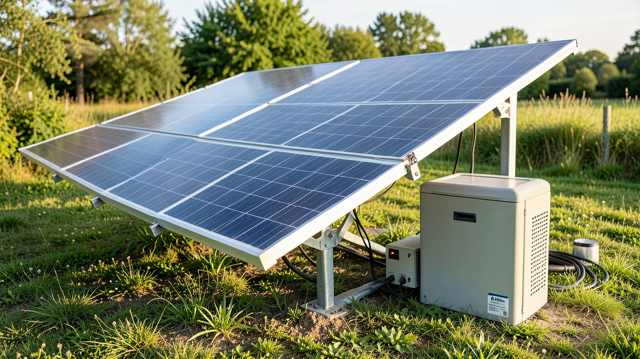 panneau solaire onduleur batterie : kit solaire complet avec panneaux photovoltaïques, onduleur hybride et batterie de stockage lithium-ion installé en extérieur