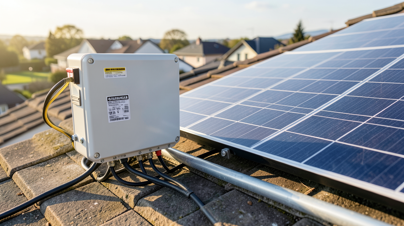panneau solaire onduleur installé à côté d'un panneau photovoltaïque sur un toit résidentiel