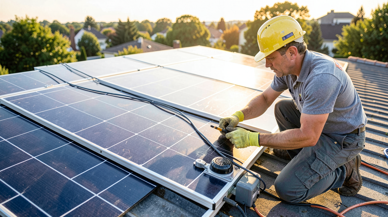 panneau solaire onduleur intégré en cours d'installation sur un toit résidentiel