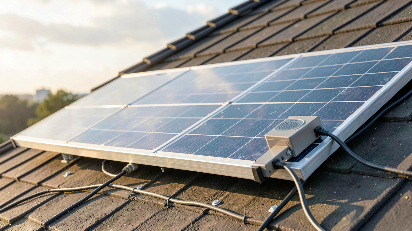 panneau solaire onduleur intégré montrant un micro-onduleur fixé au dos du panneau avec des câbles connectés