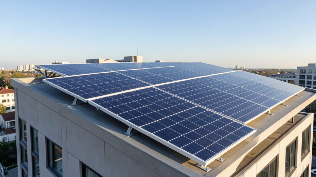 panneau solaire organique installé sur le toit d'un bâtiment urbain moderne