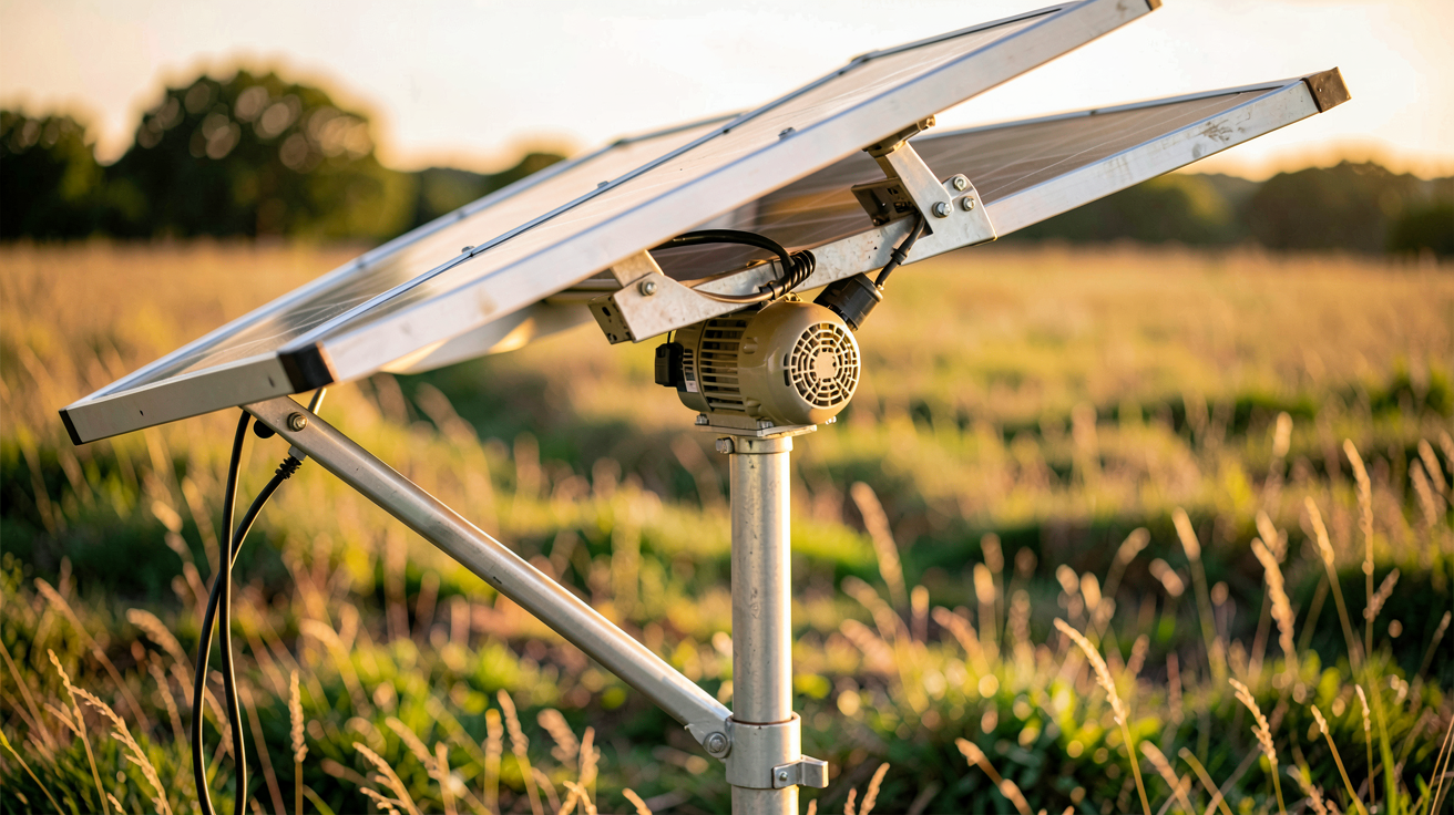 panneau solaire orientable automatique (tracker solaire) en mouvement dans un champ ensoleillé