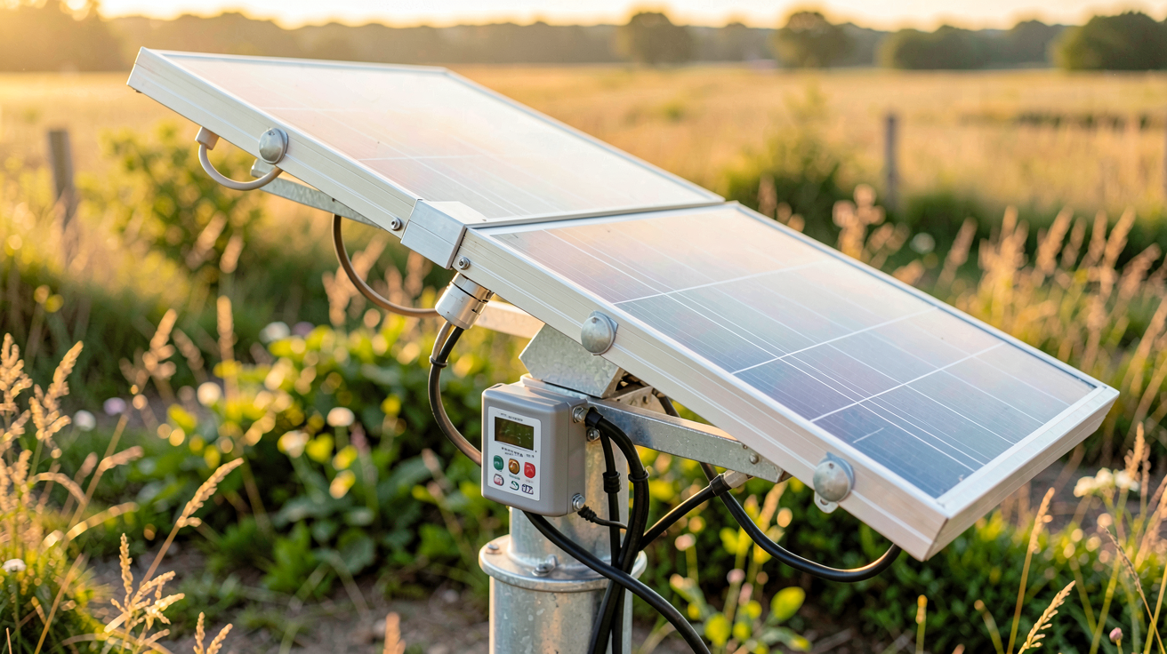 panneau solaire orientable automatique (tracker solaire) installé dans un champ ensoleillé