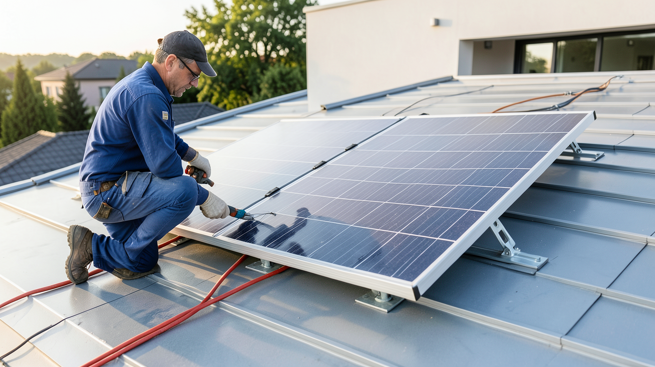 panneau solaire orientable en cours d'installation sur un toit de maison moderne par un technicien professionnel