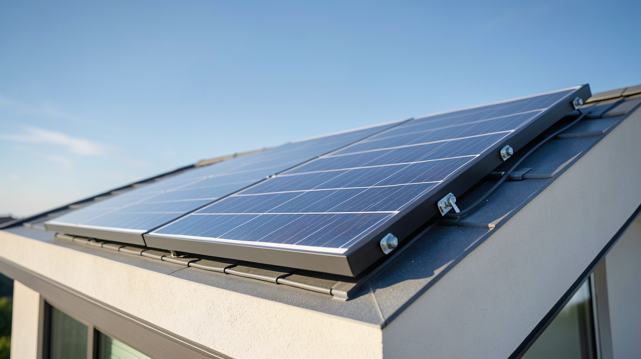 panneau solaire orientable installé sur le toit d'une maison contemporaine avec un ciel bleu