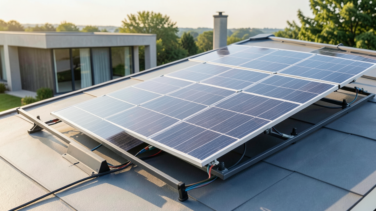 panneau solaire orientable installé sur le toit d'une maison moderne avec mécanisme de rotation visible