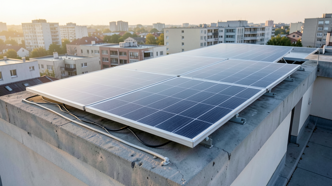 panneau solaire orienté nord installé sur le toit d'une maison en milieu urbain