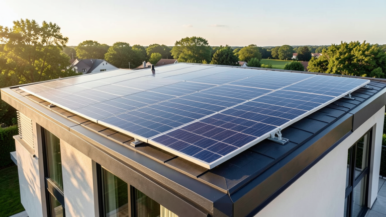 panneau solaire ou panneau photovoltaique installé sur le toit d'une maison moderne, capturé en haute résolution