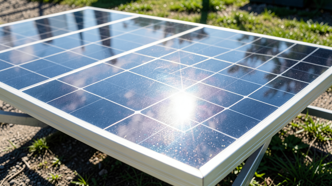 panneau solaire ou photovoltaique montrant le processus de conversion lumineuse en énergie électrique, avec le soleil éclatant et le panneau captant les rayons.