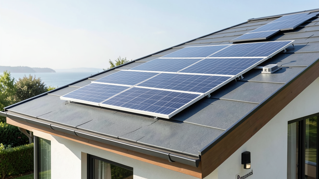 panneau solaire panasonic intégré à une pompe à chaleur grâce au HPM de Panasonic, posé sur un toit contemporain