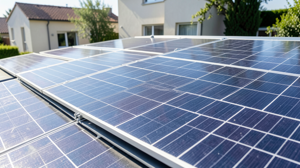 panneau solaire panasonic installé sur le toit d'une maison moderne sous un ciel bleu