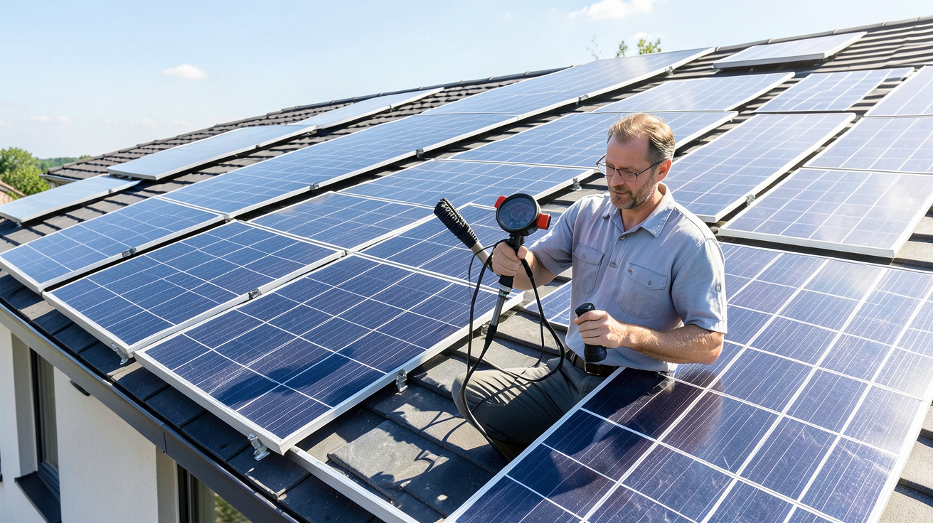 panneau solaire panneau photovoltaique guide visuel pour choisir la puissance adaptée, montrant des panneaux installés sur un toit avec un professionnel en train de mesurer l'ensoleillement