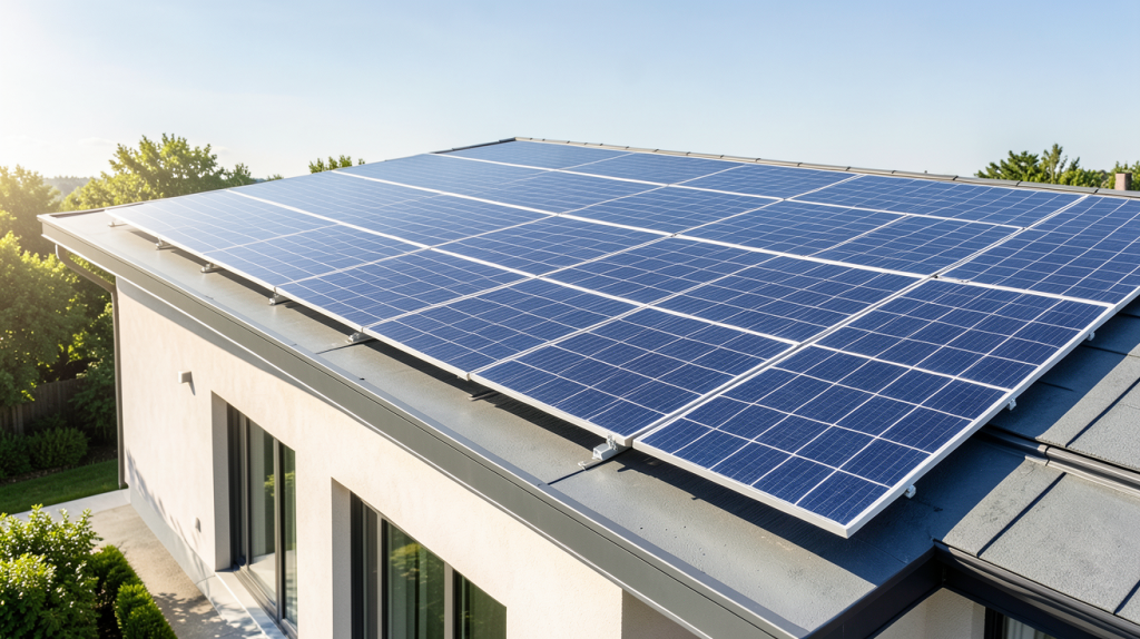 panneau solaire panneau photovoltaique installé sur le toit d'une maison moderne sous un soleil radieux