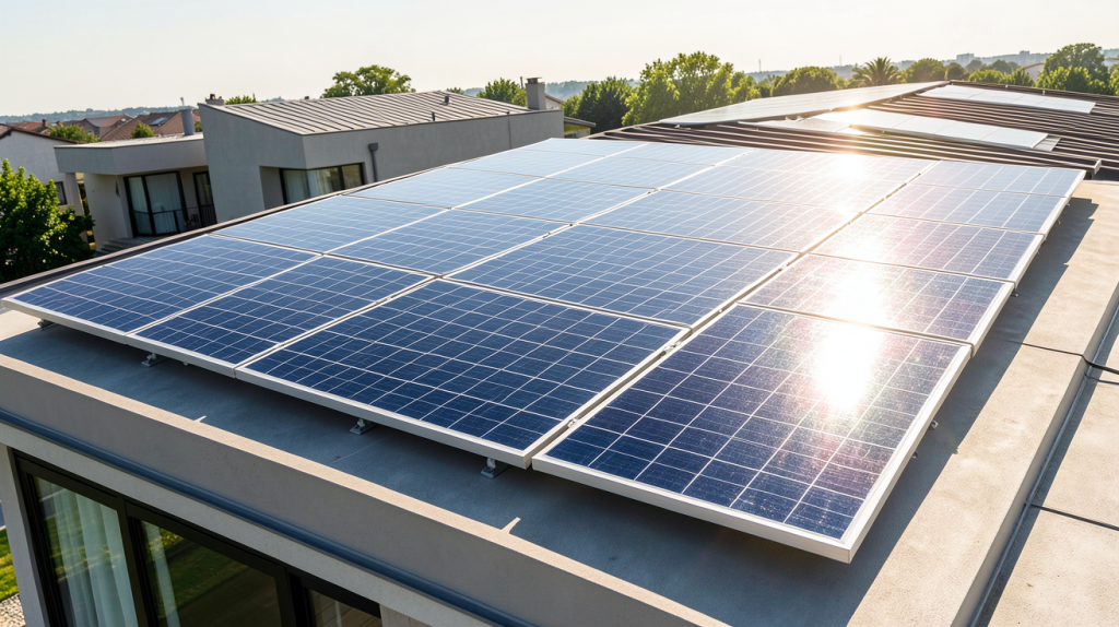 panneau solaire panneaux solaires installés sur le toit d'une maison moderne sous un ciel bleu
