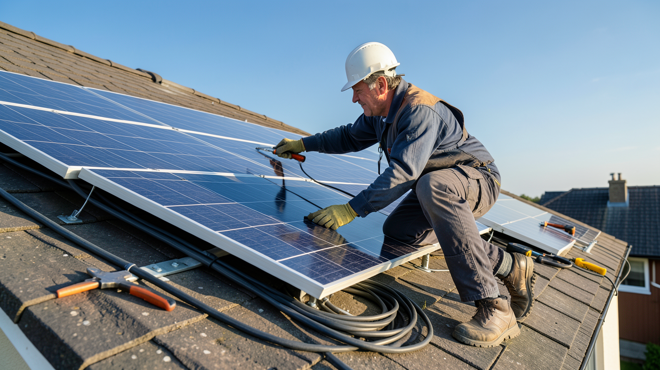 panneau solaire particulier étapes d'installation sur toit d'une maison individuelle avec artisan en action