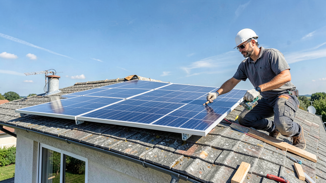 panneau solaire pas cher installé sur le toit d'une maison par un débutant, kit complet visible