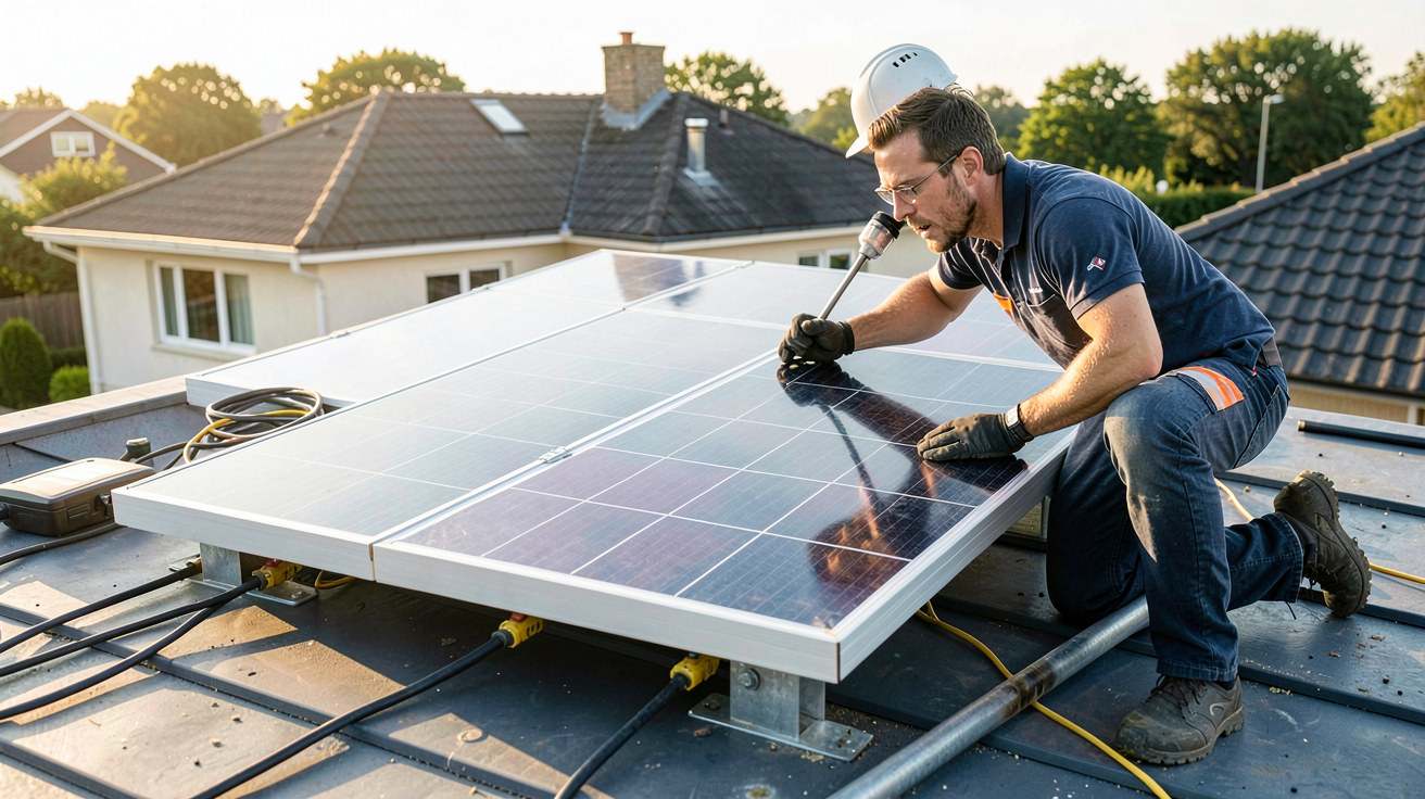 panneau solaire PERC 210W en cours d'installation sur un toit résidentiel par un professionnel