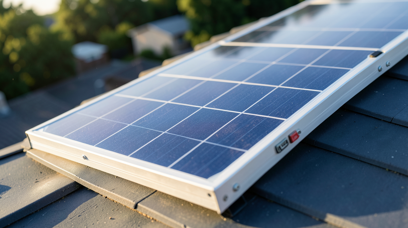 panneau solaire PERC 400W installé sur un toit avec vue sur des cellules photovoltaïques bleutées