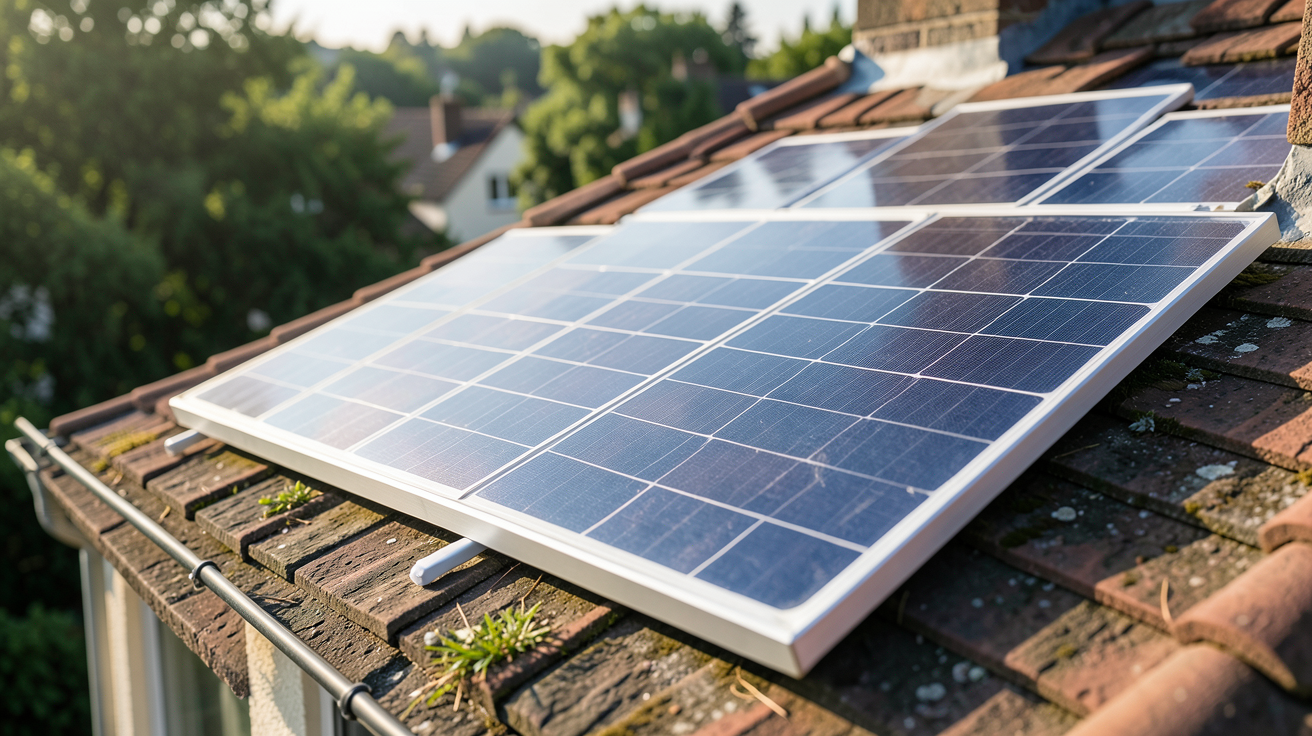 panneau solaire PERC installé sur le toit partiellement ombragé d'une maison de ville