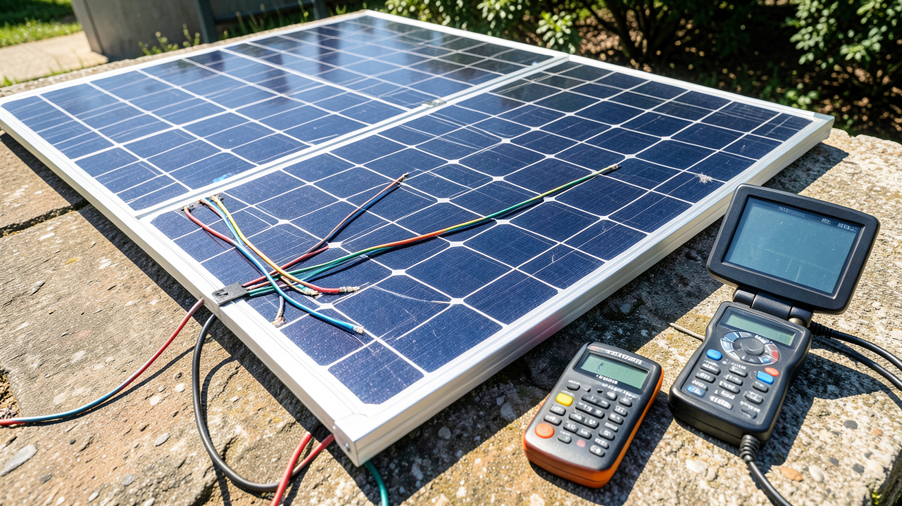 panneau solaire PERC en conditions réelles avec instruments de mesure du rendement et de la puissance