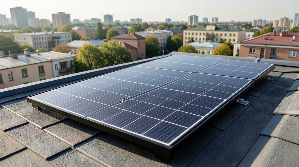 panneau solaire PERC noir installé sur un toit de maison urbaine