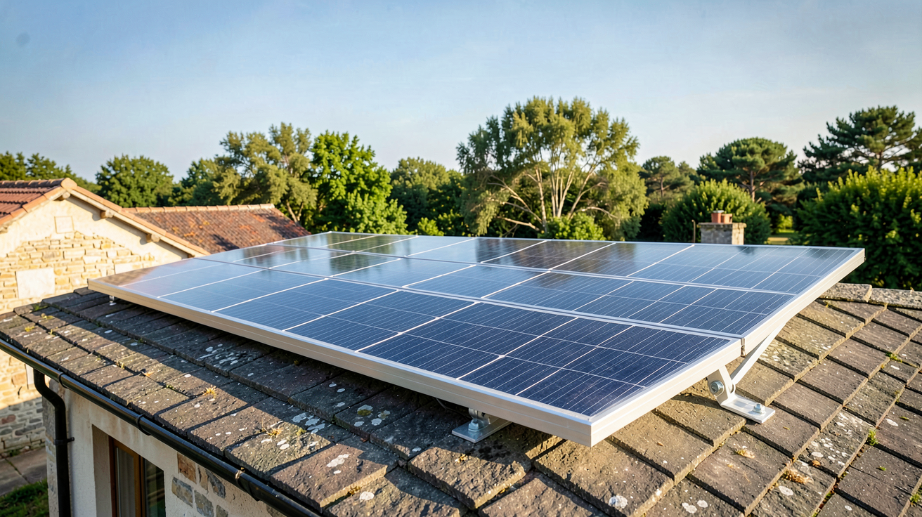 panneau solaire performant installé sur le toit d'une maison individuelle en France avec un témoignage client visible en arrière-plan