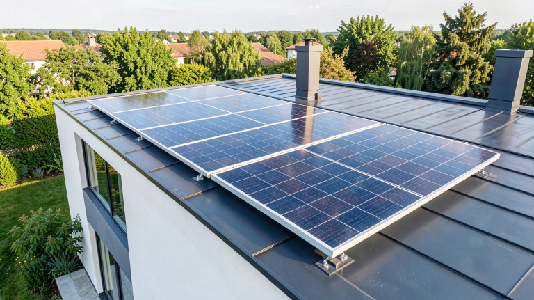 panneau solaire performant installé sur le toit d'une maison moderne, montrant des cellules photovoltaïques brillantes sous la lumière du jour.