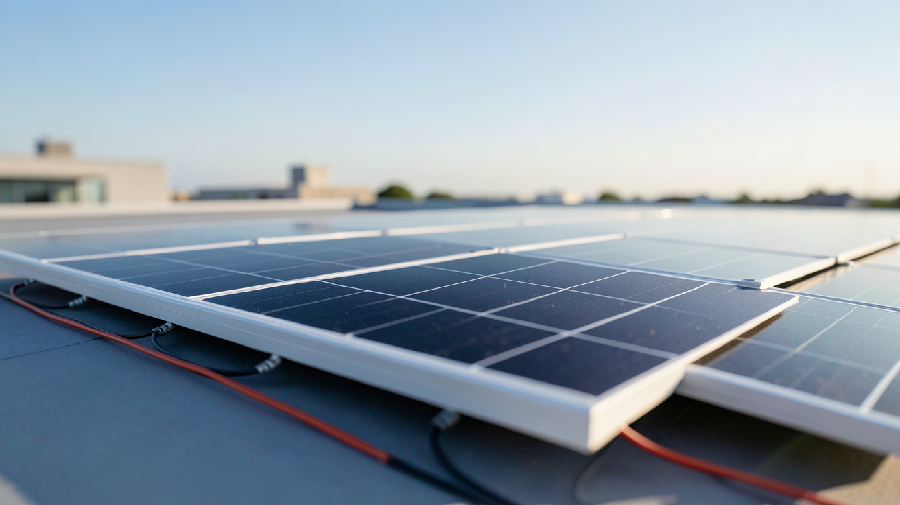 panneau solaire pérovskite posé sur un toit moderne avec des cellules noires brillantes et des connexions électriques