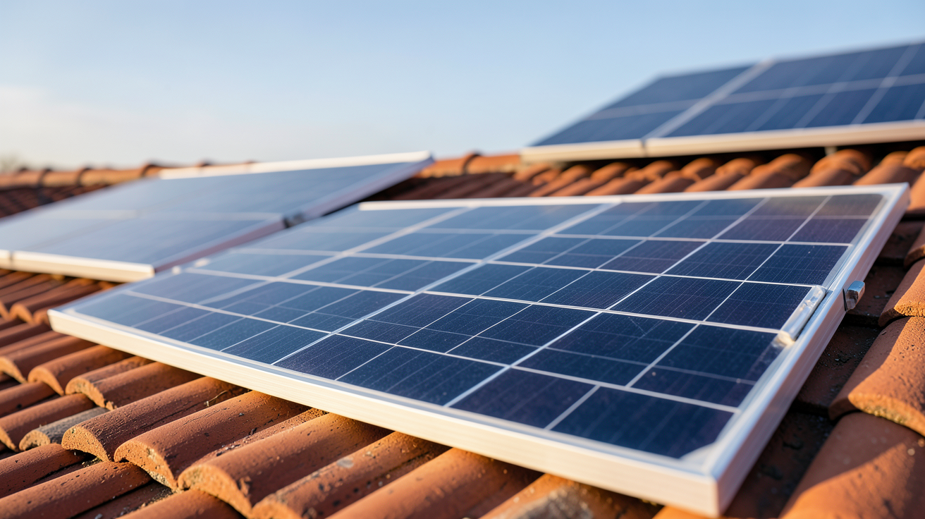 panneau solaire pérovskite posé sur un toit avec un panneau en silicium en arrière-plan pour comparaison de prix et rentabilité en 2024
