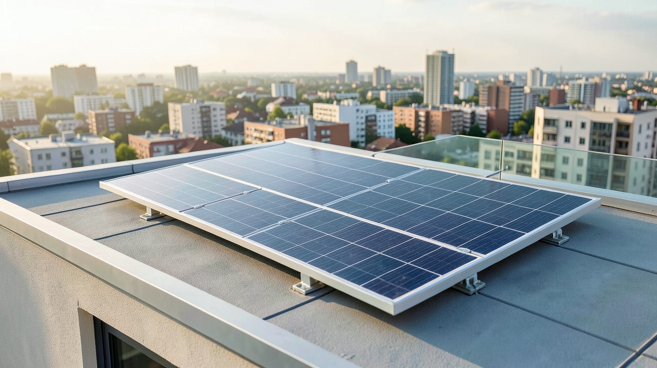 panneau solaire pérovskite-silicium (tandem) installé sur le toit d'une maison urbaine moderne