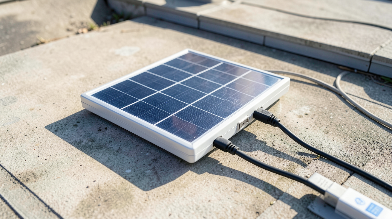 panneau solaire petit installé en mode plug & play, branché à un dispositif de charge, sans besoin d'électricien