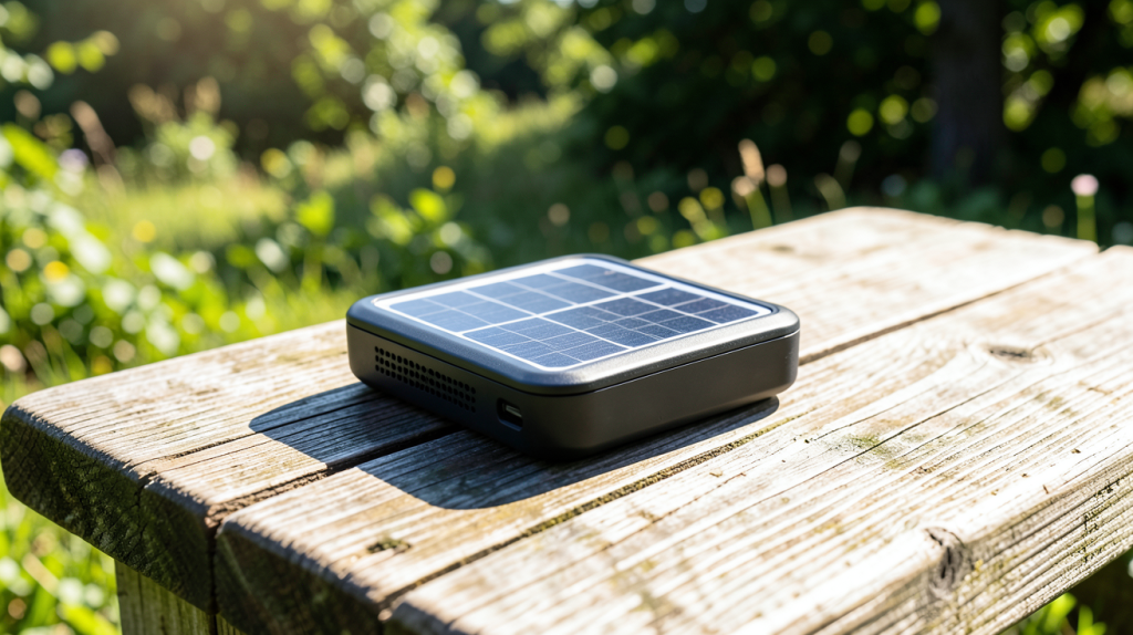 panneau solaire petit posé sur une table de camping en bois en extérieur sous le soleil