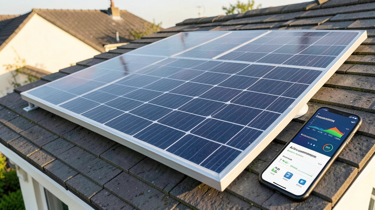 panneau solaire photovoltaïque autoconsommation avec calcul d'économies affiché sur écran numérique