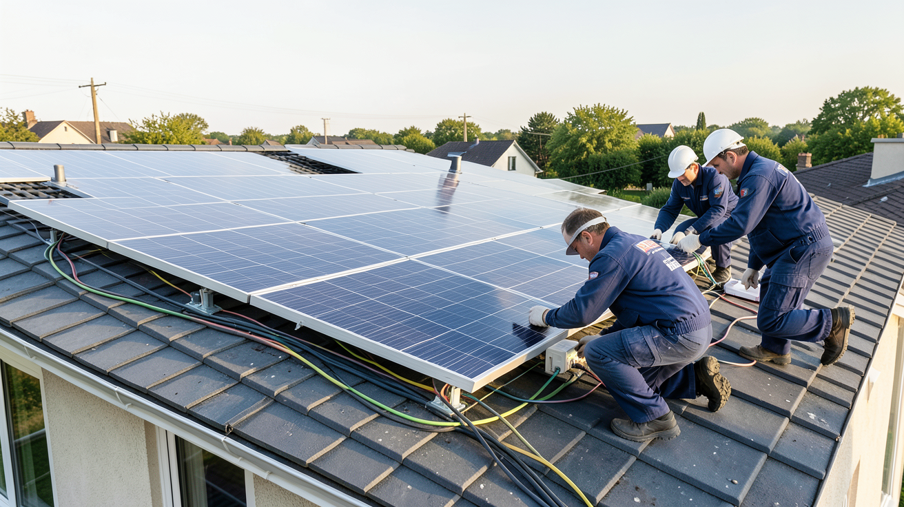 panneau solaire photovoltaique autoconsommation installation sur le toit d'une maison avec techniciens