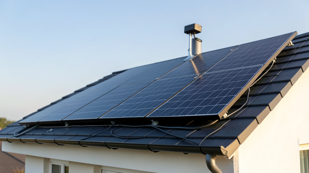 panneau solaire photovoltaïque autoconsommation kit installé sur toit de maison individuelle avec onduleur et câbles visibles