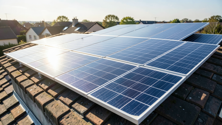 panneau solaire photovoltaique et thermique installé sur un toit résidentiel avec des panneaux solaires brillants sous le soleil