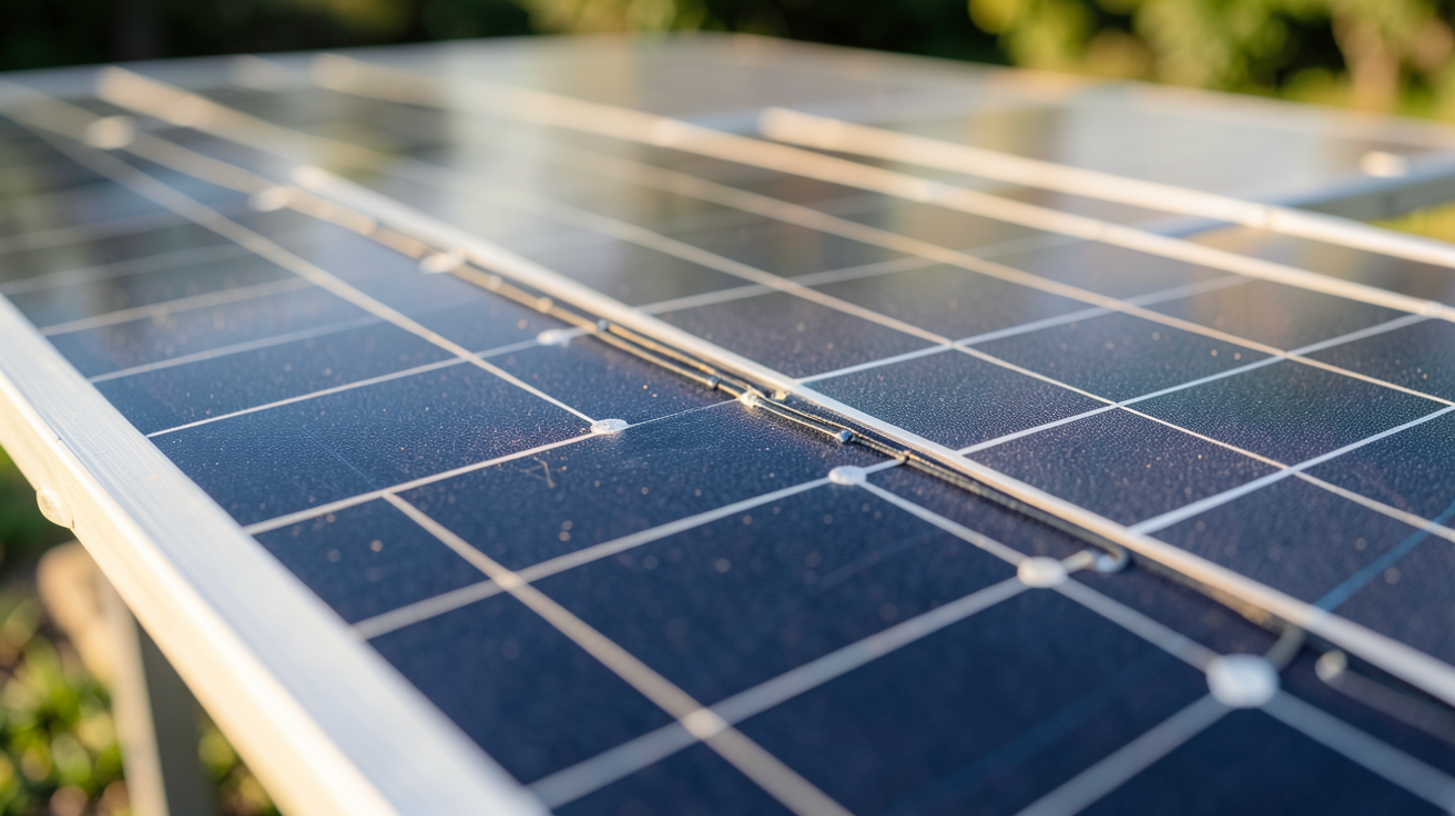 panneau solaire photovoltaïque en gros plan montrant les cellules de silicium et les connexions électriques