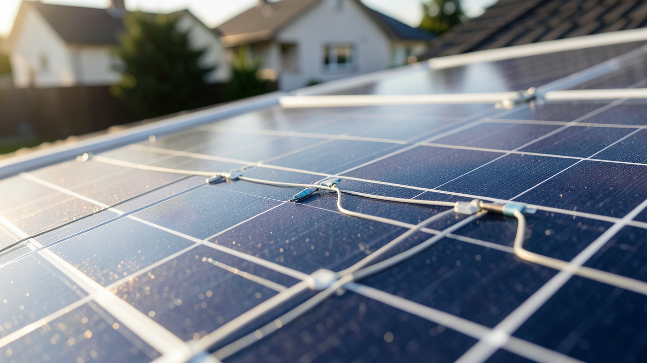 panneau solaire photovoltaïque en gros plan montrant les cellules de silicium et les connexions électriques