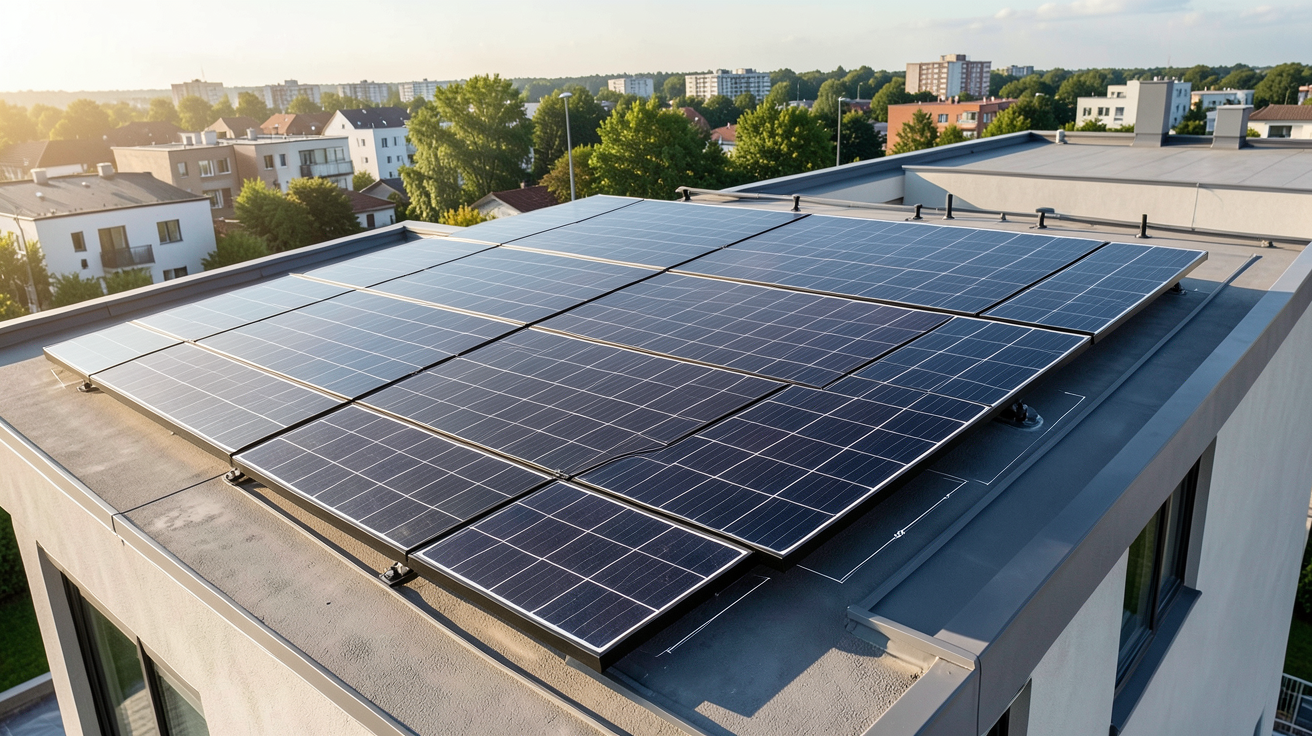 panneau solaire photovoltaïque monocristallin noir installé sur le toit d'une maison moderne