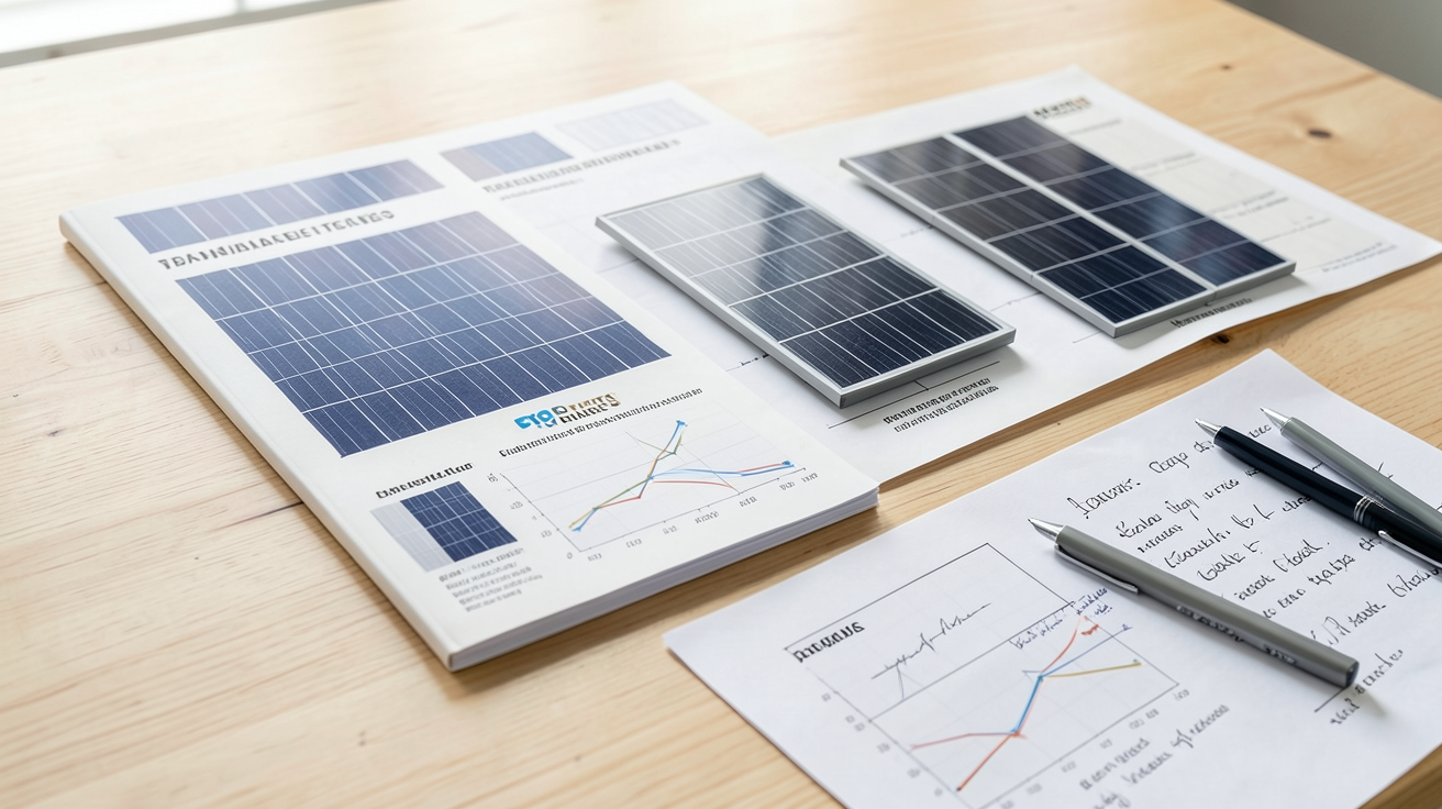 panneau solaire photovoltaïque ou thermique présenté dans un tableau comparatif détaillé sur une table en bois