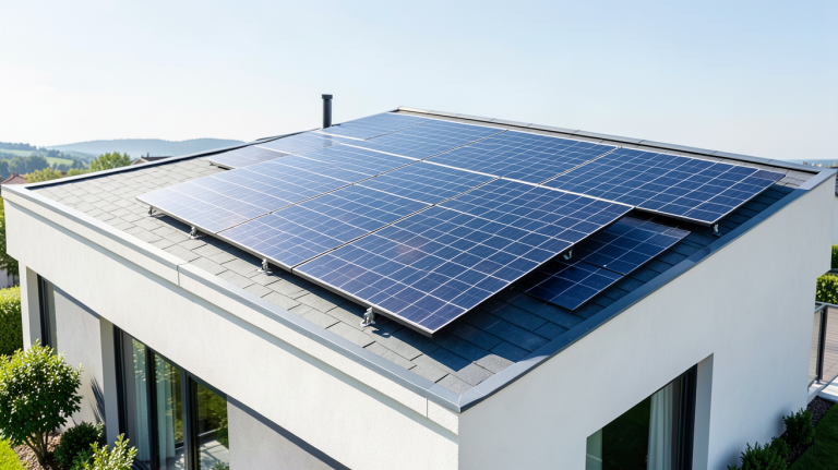 panneau solaire photovoltaique ou thermique installé sur le toit d'une maison moderne, capturé en haute résolution pour une utilisation professionnelle.