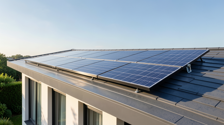 panneau solaire ou photovoltaïque installé sur le toit d'une maison contemporaine