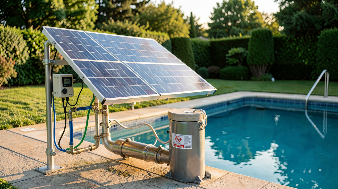 panneau solaire piscine 30m3 avec système de dimensionnement installé à proximité d'une piscine
