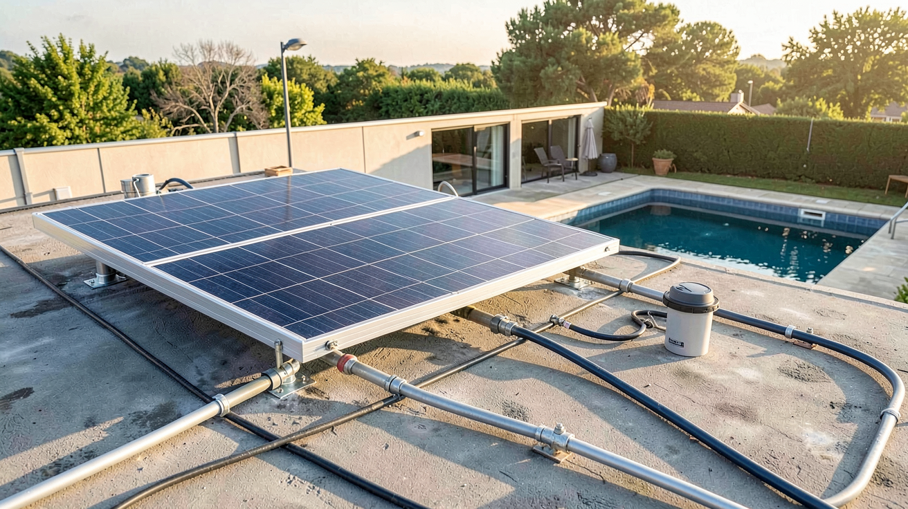 panneau solaire piscine 30m3 en cours d'installation sur un toit avec une piscine en arrière-plan