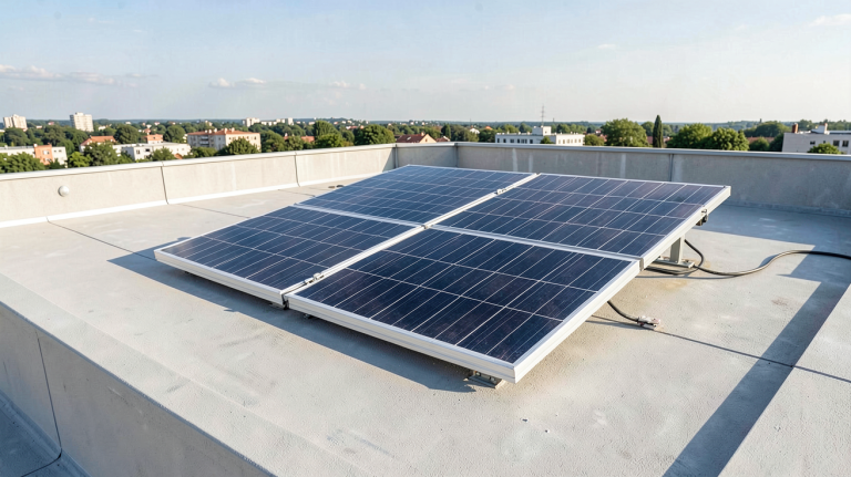 panneau solaire piscine 30m3 installé sur un toit plat avec vue sur une piscine