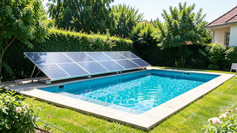 panneau solaire piscine 50m3 installé à côté d'un bassin de jardin