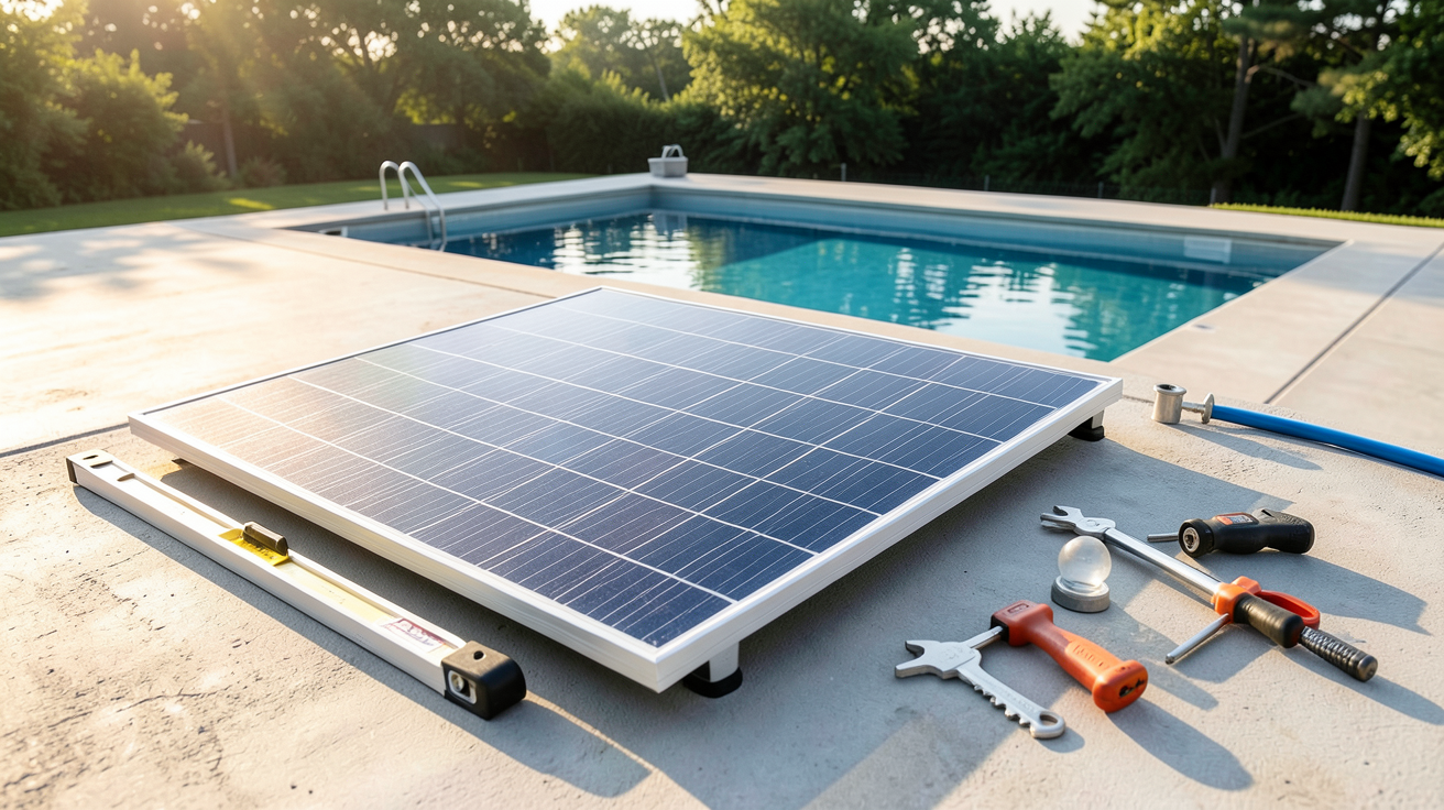 panneau solaire piscine 50m3 installé sur un toit avec outils de bricolage pour installation DIY