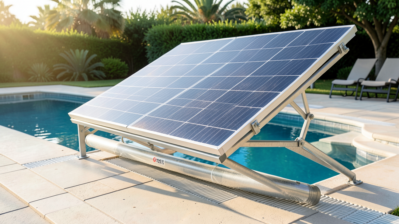 panneau solaire piscine installé près d'une piscine extérieure pour chauffer l'eau